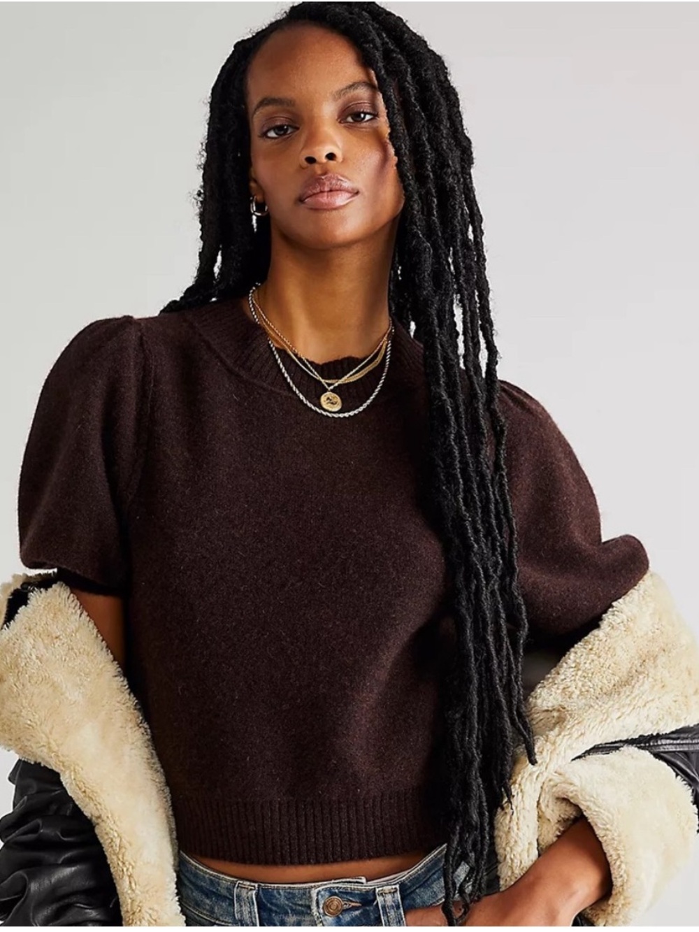 Free People Short-Sleeve Puff Shoulder Sweater - Dark Brown